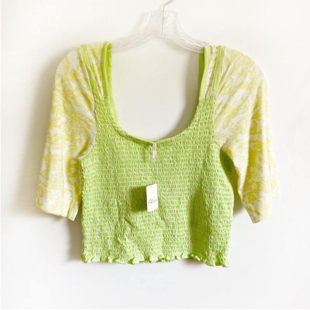 Free People Marigold top green yellow Key Lime floral smocked jersey cropped - Picture 2 of 10